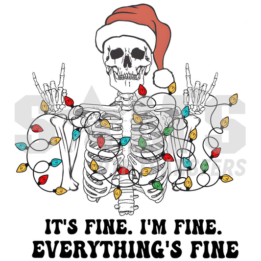 Illustration of a skeleton wearing a Santa hat, entangled in colorful Christmas lights, with the text 'It's fine. I'm fine. Everything's fine. designed for custom DTF Transfers