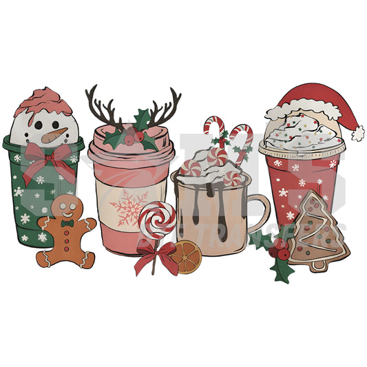 Collection of holiday-themed beverage cups featuring a snowman, reindeer, and Santa design, accompanied by a gingerbread man and a Christmas tree cookie, designed for custom DTF transfers.