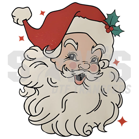 Cheerful Santa Claus face illustration with a flowing white beard and a bright red hat adorned with holly, surrounded by subtle star accents, designed for custom DTF transfers.