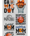 Basketball mom DTF heat transfer bundle featuring 12 stylish and bold ready-to-press designs, including game day graphics, basketball bows, mom slogans, and basketball-inspired typography.