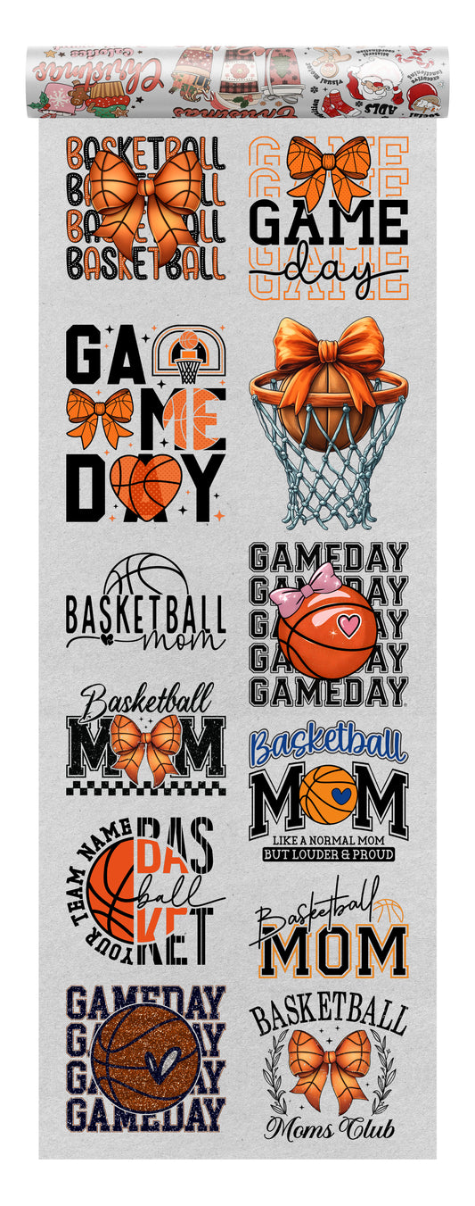 Basketball mom DTF heat transfer bundle featuring 12 stylish and bold ready-to-press designs, including game day graphics, basketball bows, mom slogans, and basketball-inspired typography.