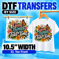 10.5 inch DTF transfers by size for XL and 2XL T-shirt front designs