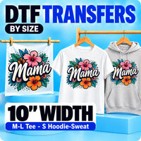 10 inch DTF transfers by size for medium and large T-shirt fronts and small hoodie or sweatshirt designs