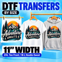 11 inch DTF transfers by size for 2XL T-shirt fronts and medium to large hoodie or sweatshirt designs