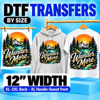 12 inch DTF transfers by size for XL to 2XL T-shirt back designs and XL hoodie or sweatshirt front designs