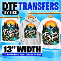 13 inch DTF transfers by size for 3XL hoodie and sweatshirt fronts and oversized T-shirt back designs