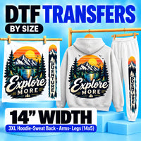 14 inch DTF transfers by size for 3XL hoodie and sweatshirt backs plus 14x5 inch arm and leg designs