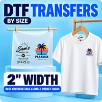 2": Sam's DTF 2 inch DTF transfers by size for neck tags and small pocket logos