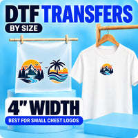 4 inch DTF transfers by size for small chest logos and centered brand designs on T-shirts