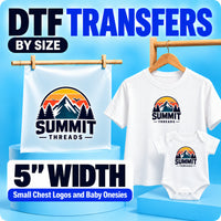 5 inch DTF transfers by size for small chest logos and baby onesie designs