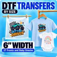 6 inch DTF transfers by size for 2T shirt fronts and baby onesie designs