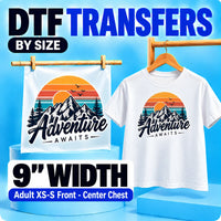 9 inch DTF transfers by size for adult XS and small T-shirt front center chest designs