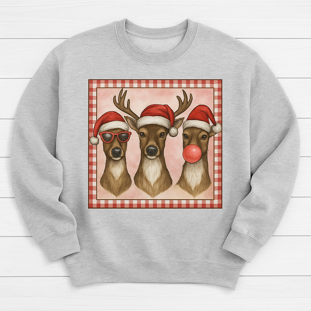 Three reindeers with Santa hats on a red and white checkered background printed on a Christmas sweatshirt