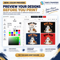Sam’s Transfers Gang Sheet Builder showing custom DTF artwork previewed on white, black, navy, and red backgrounds before printing.
