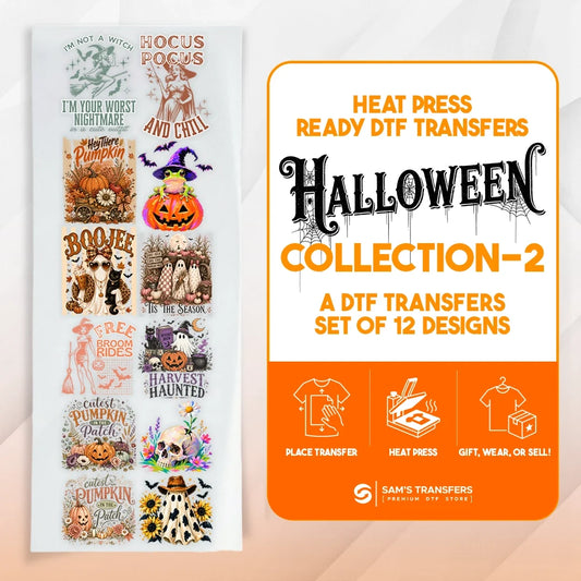 Halloween DTF transfer bundle featuring 12 ready-to-press witchy & pumpkin patch designs.
