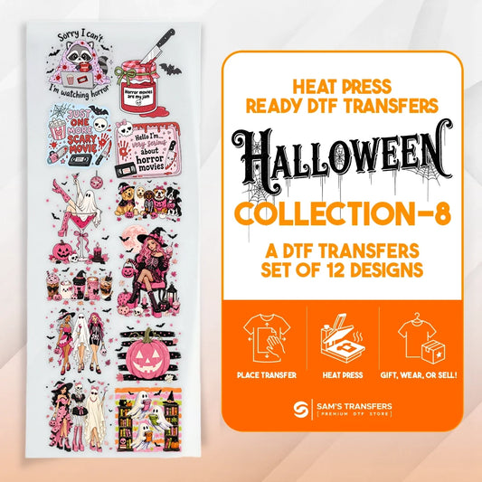 Halloween DTF transfer bundle featuring 12 ready-to-press pink glam horror movie designs.