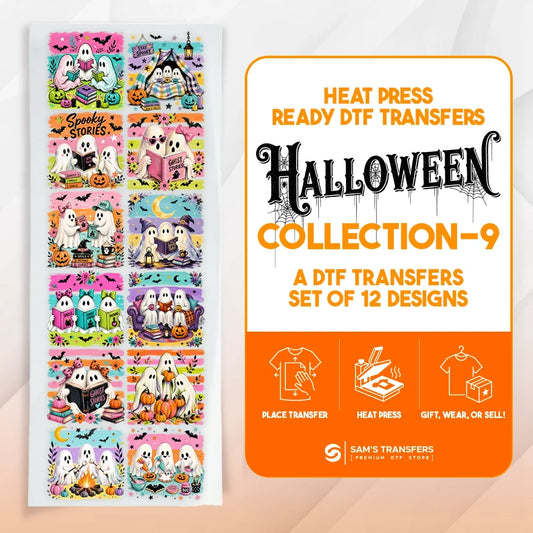 Halloween DTF transfer bundle featuring 12 ready-to-press cute ghost & spooky stories designs.