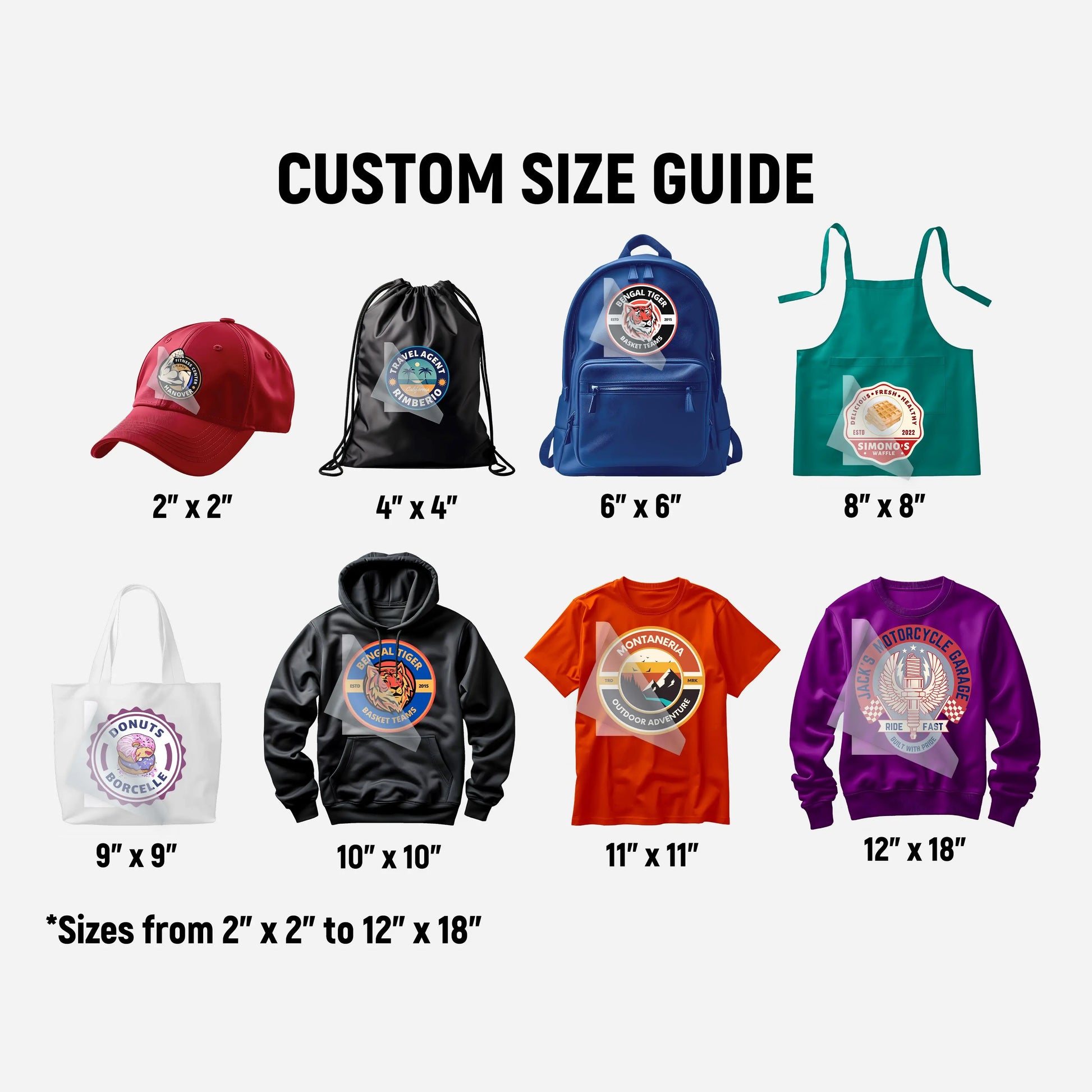 Sam's DTF Transfers custom size guide showing various DTF print sizes ranging from 2x2 to 12x18 inches on products including caps, bags, aprons, t-shirts, and hoodies.