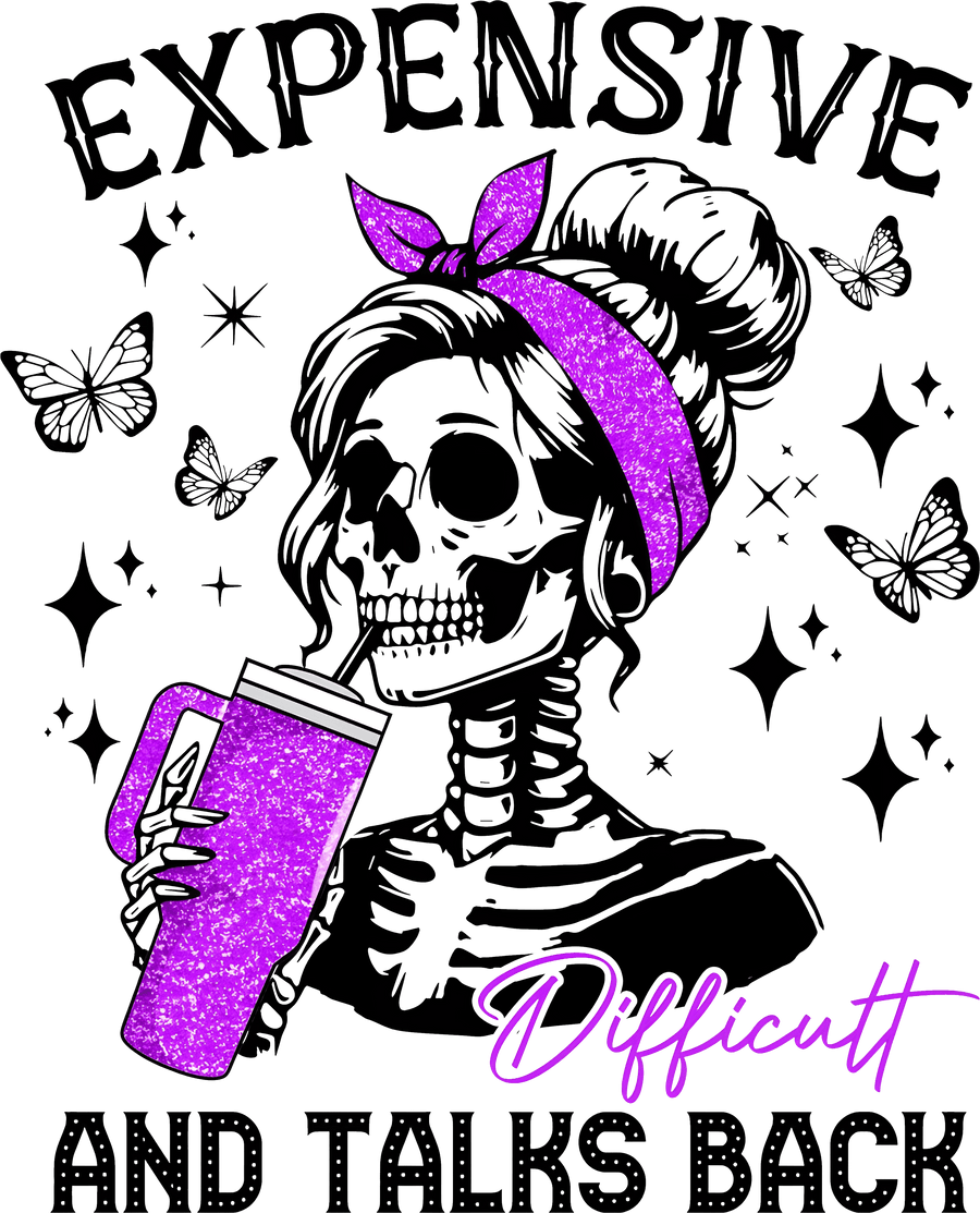 Expensive, Difficult, and Talks Back – Purple Glitter Skull DTF Transfer
